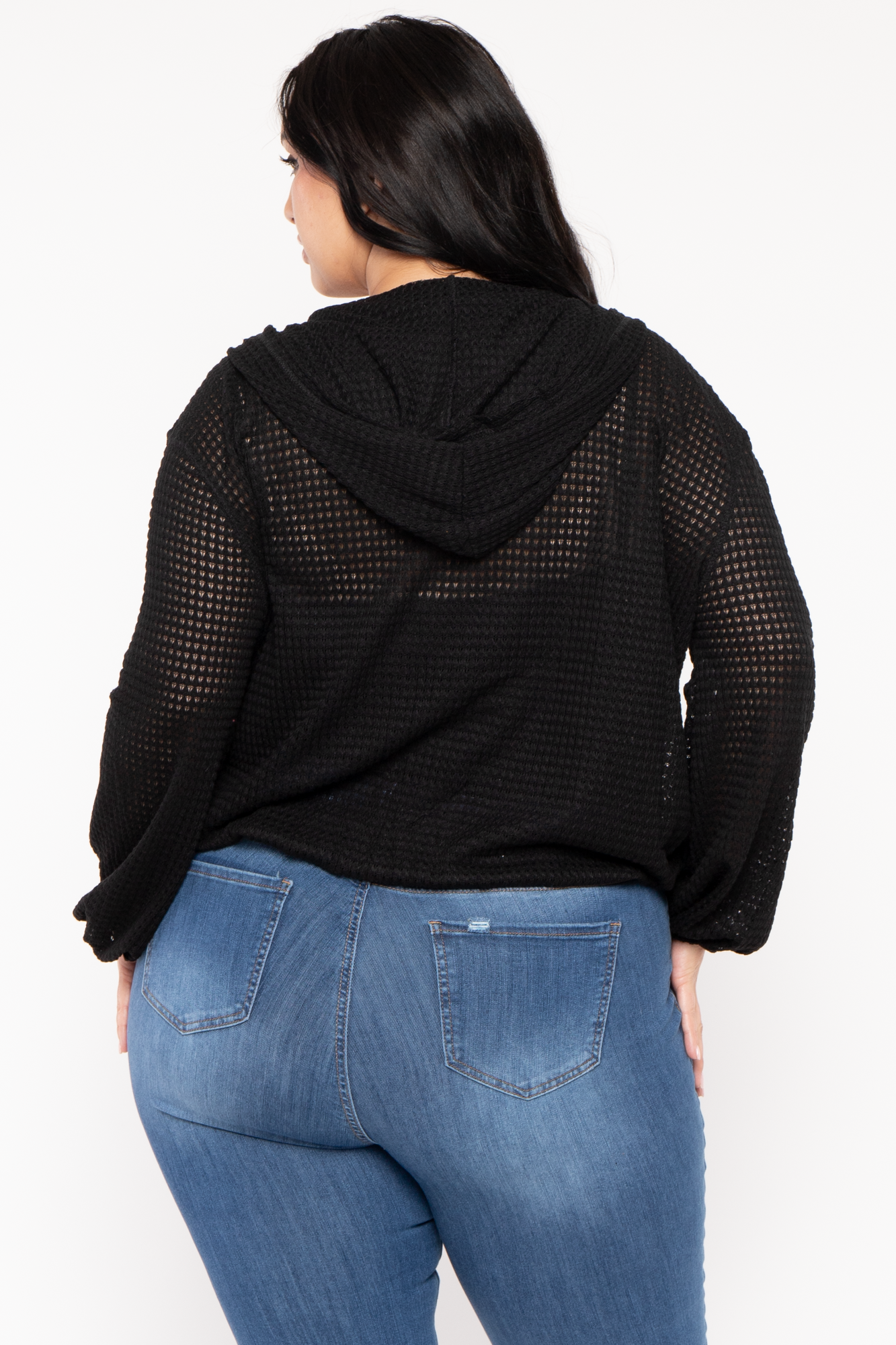 Plus Size Zip Up  Waffle  Hoodie  Top - Black