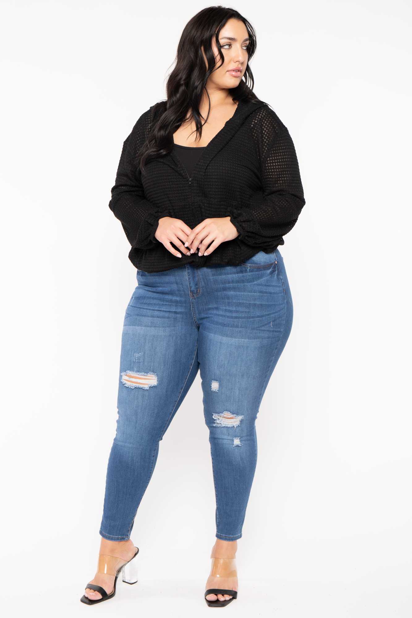 Plus Size Zip Up  Waffle  Hoodie  Top - Black