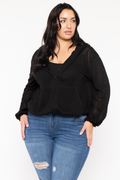 Plus Size Zip Up  Waffle  Hoodie  Top - Black