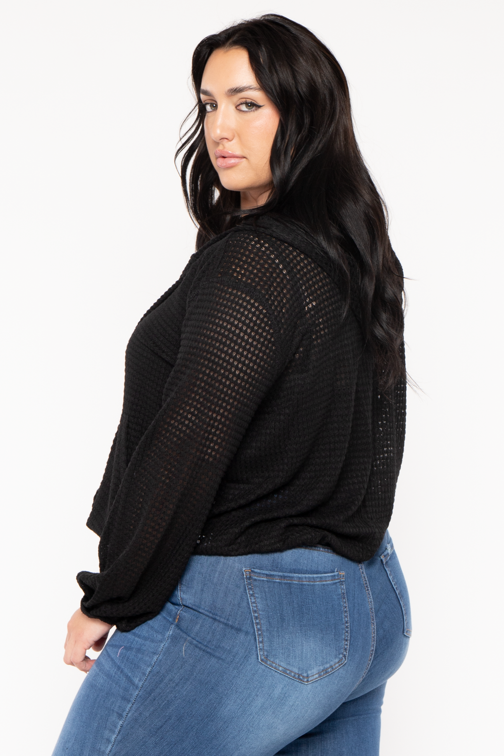 Plus Size Zip Up  Waffle  Hoodie  Top - Black