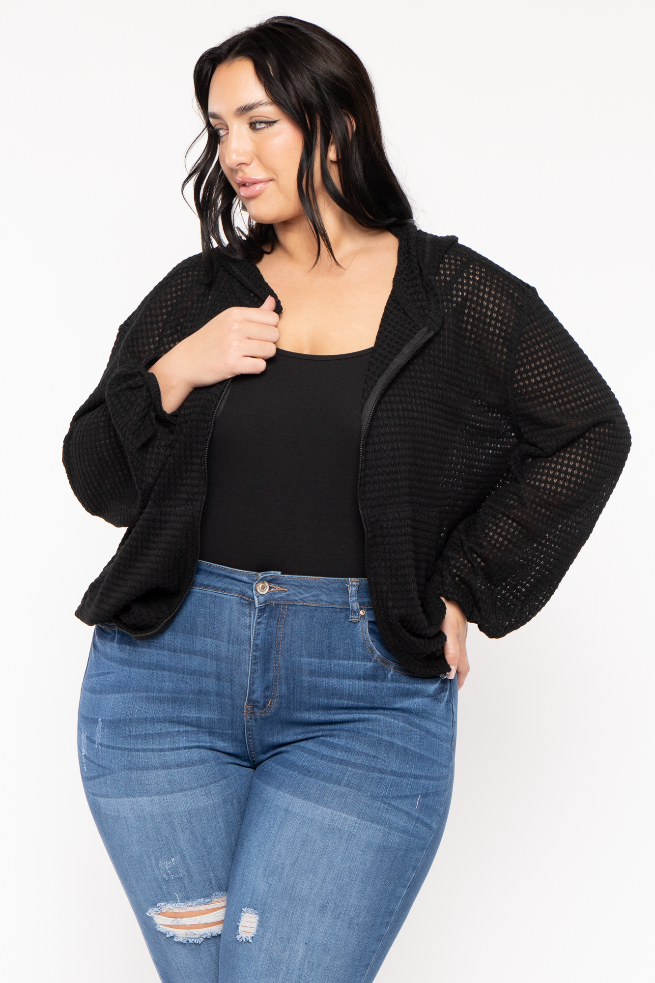 Plus Size Zip Up  Waffle  Hoodie  Top - Black