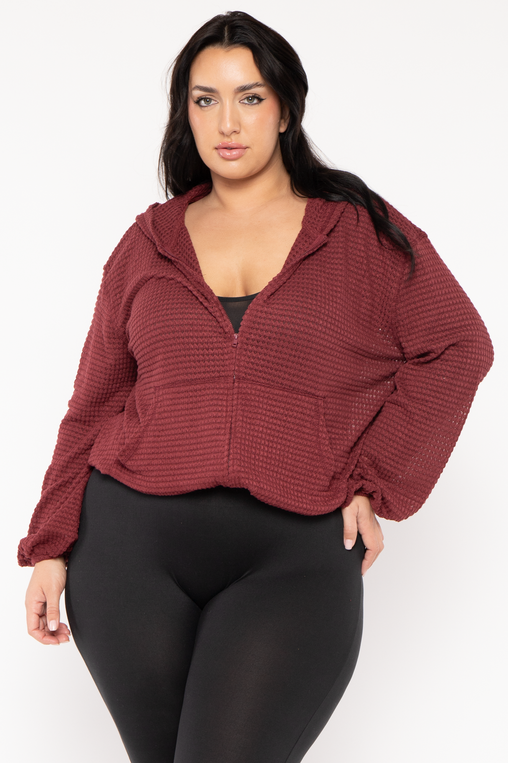 Plus Size Zip Up  Waffle  Hoodie  Top - Burgundy