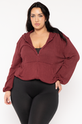 Plus Size Zip Up  Waffle  Hoodie  Top - Burgundy