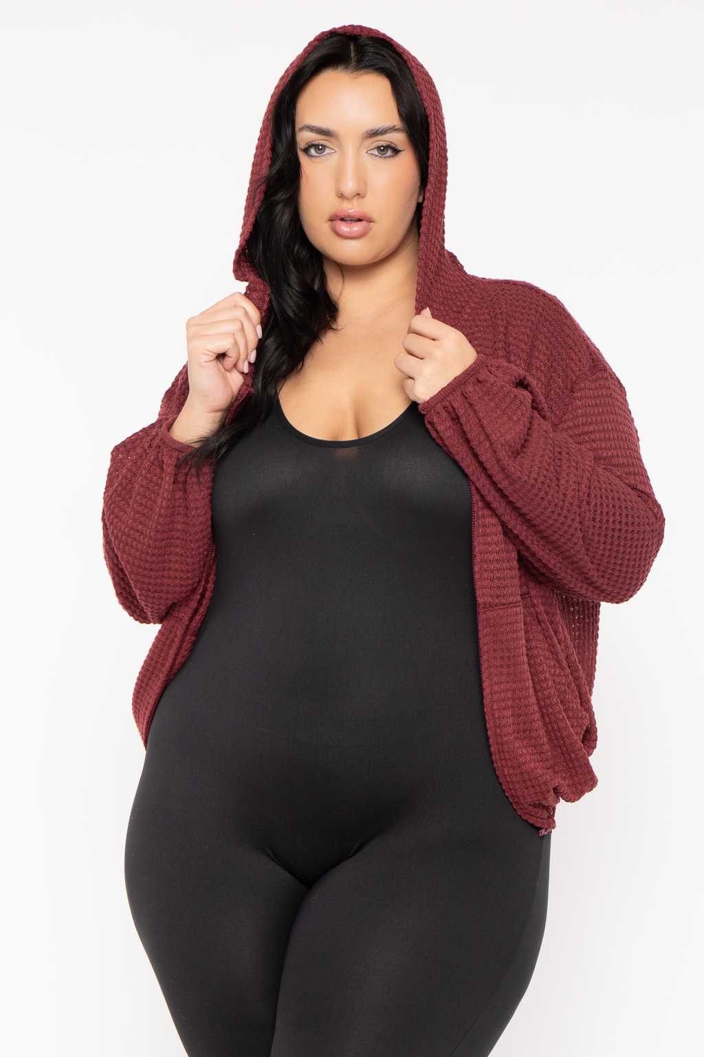 Plus Size Zip Up  Waffle  Hoodie  Top - Burgundy