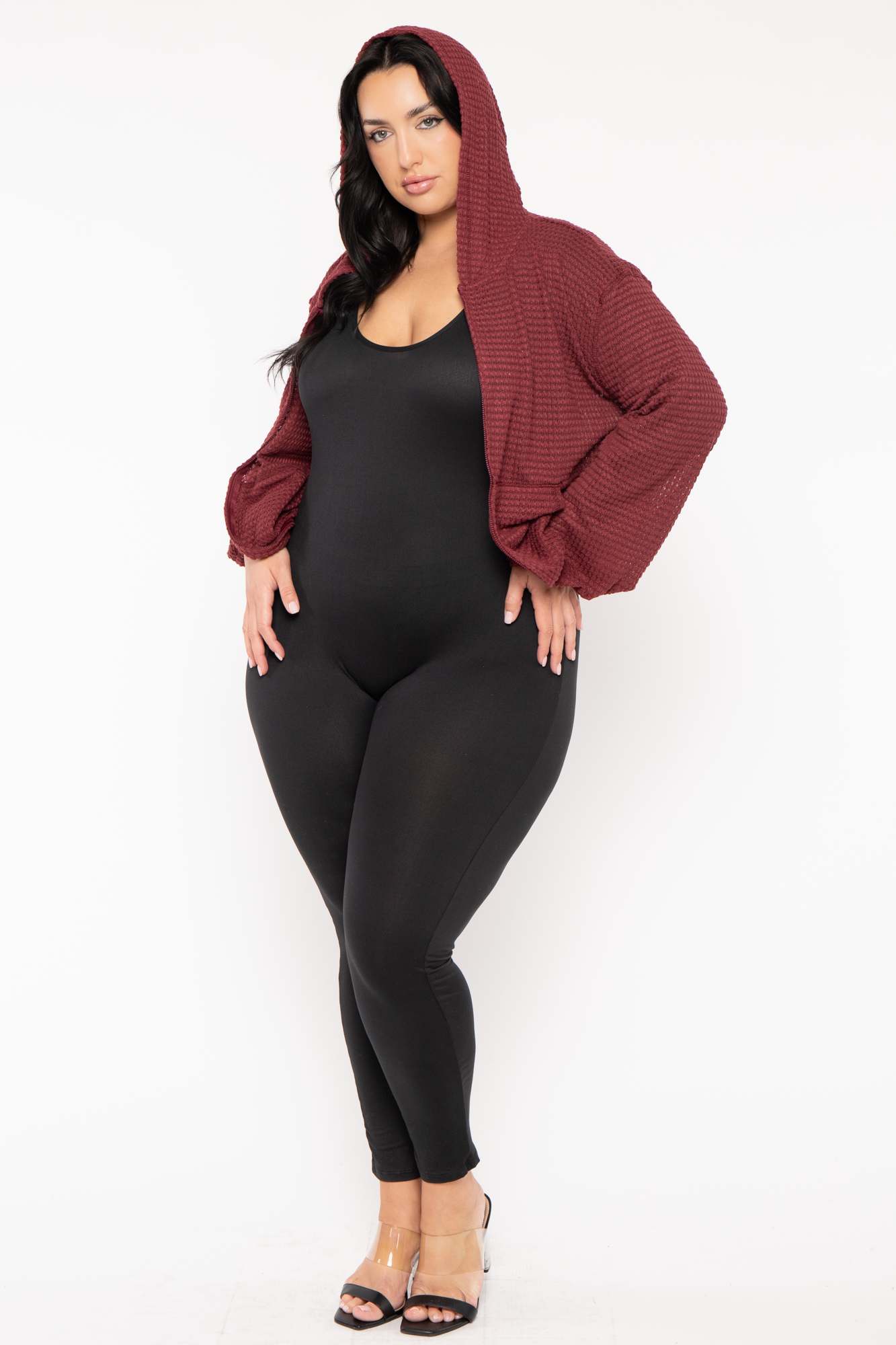 Plus Size Zip Up  Waffle  Hoodie  Top - Burgundy