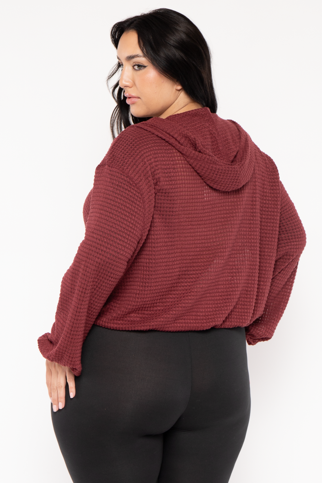 Plus Size Zip Up  Waffle  Hoodie  Top - Burgundy