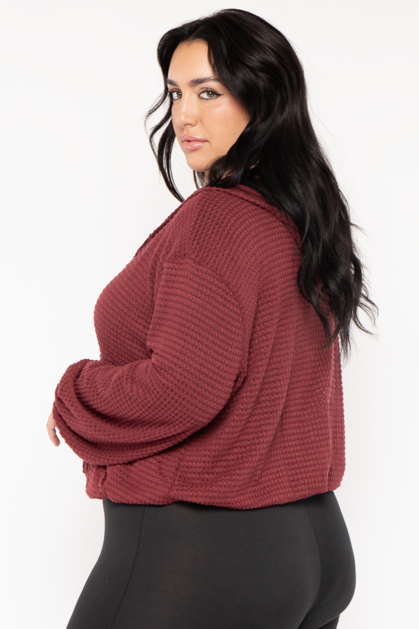 Plus Size Zip Up  Waffle  Hoodie  Top - Burgundy