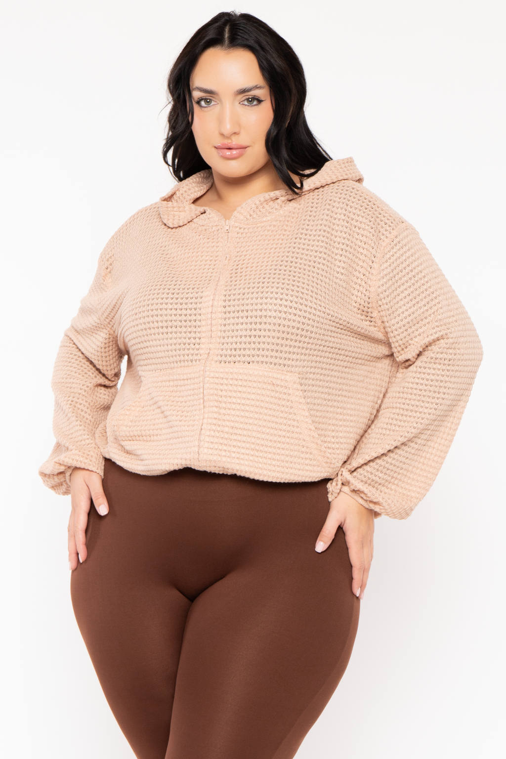 Plus Size Zip Up  Waffle  Hoodie  Top - Taupe