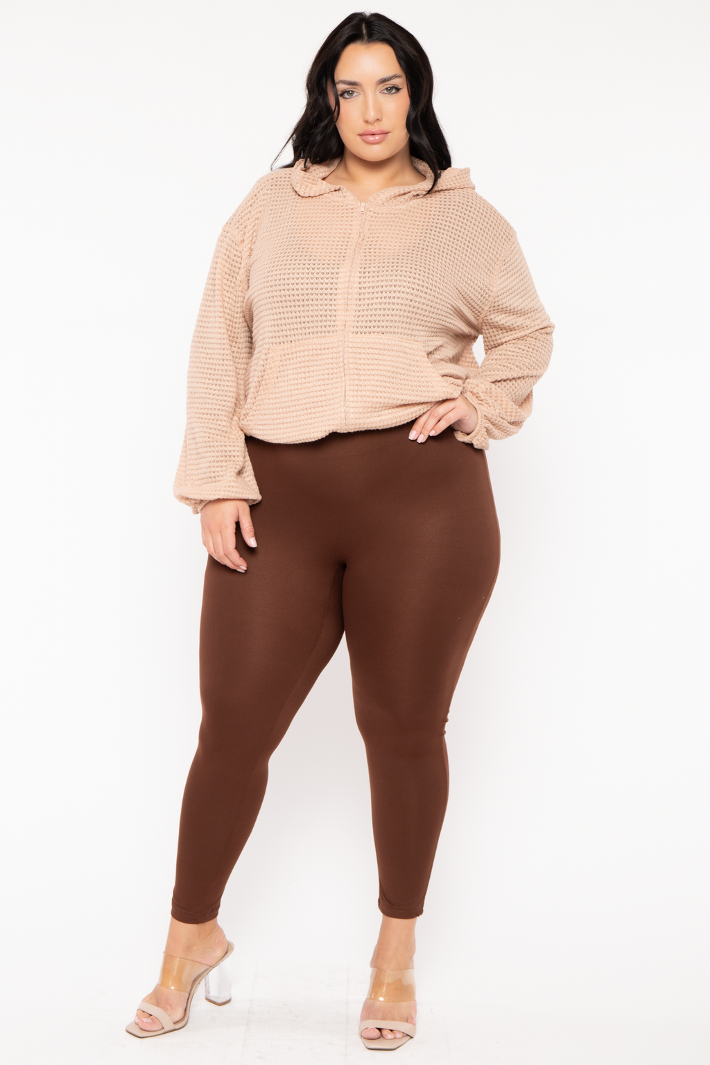 Plus Size Zip Up  Waffle  Hoodie  Top - Taupe