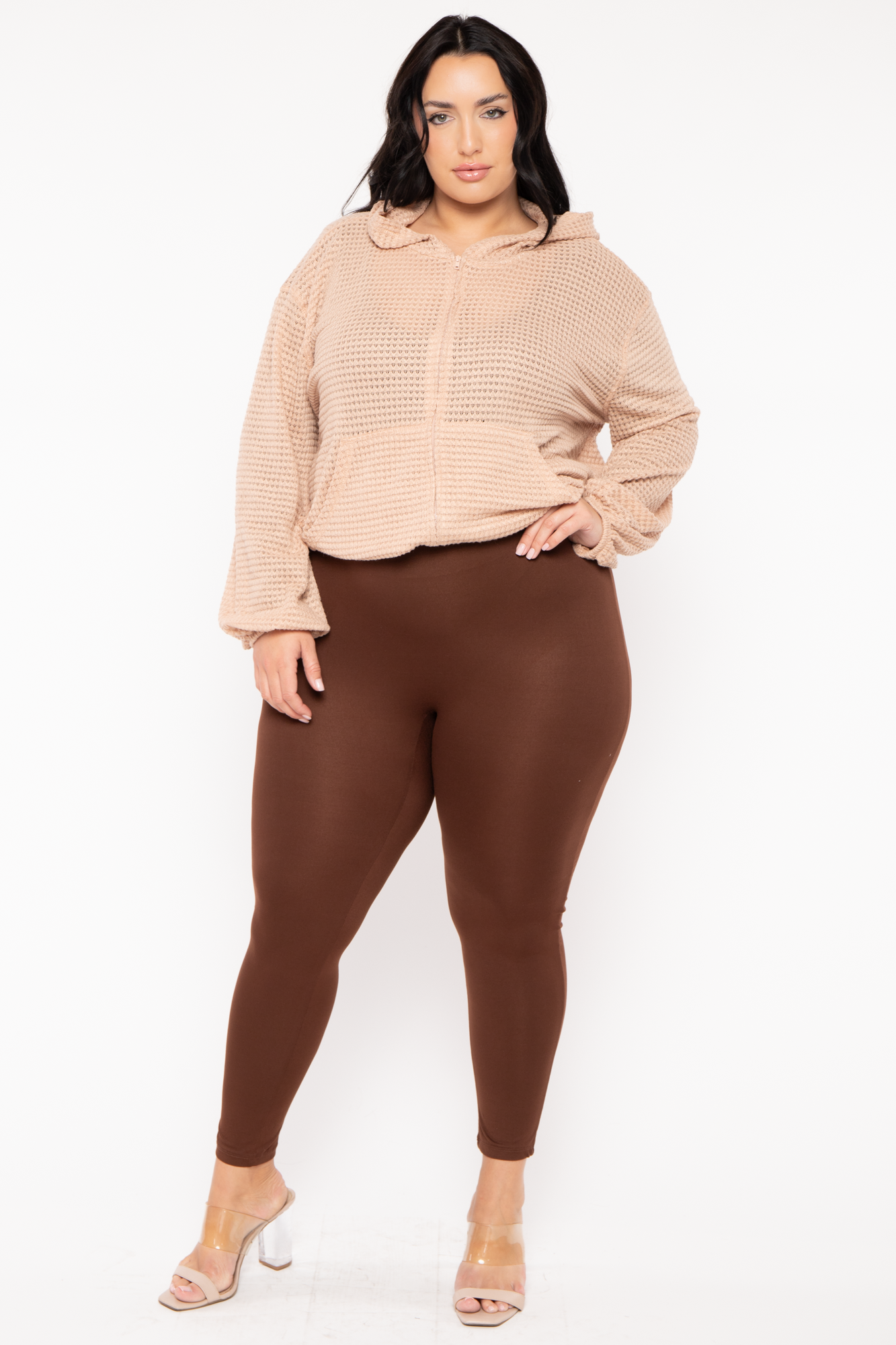Plus Size Zip Up  Waffle  Hoodie  Top - Taupe