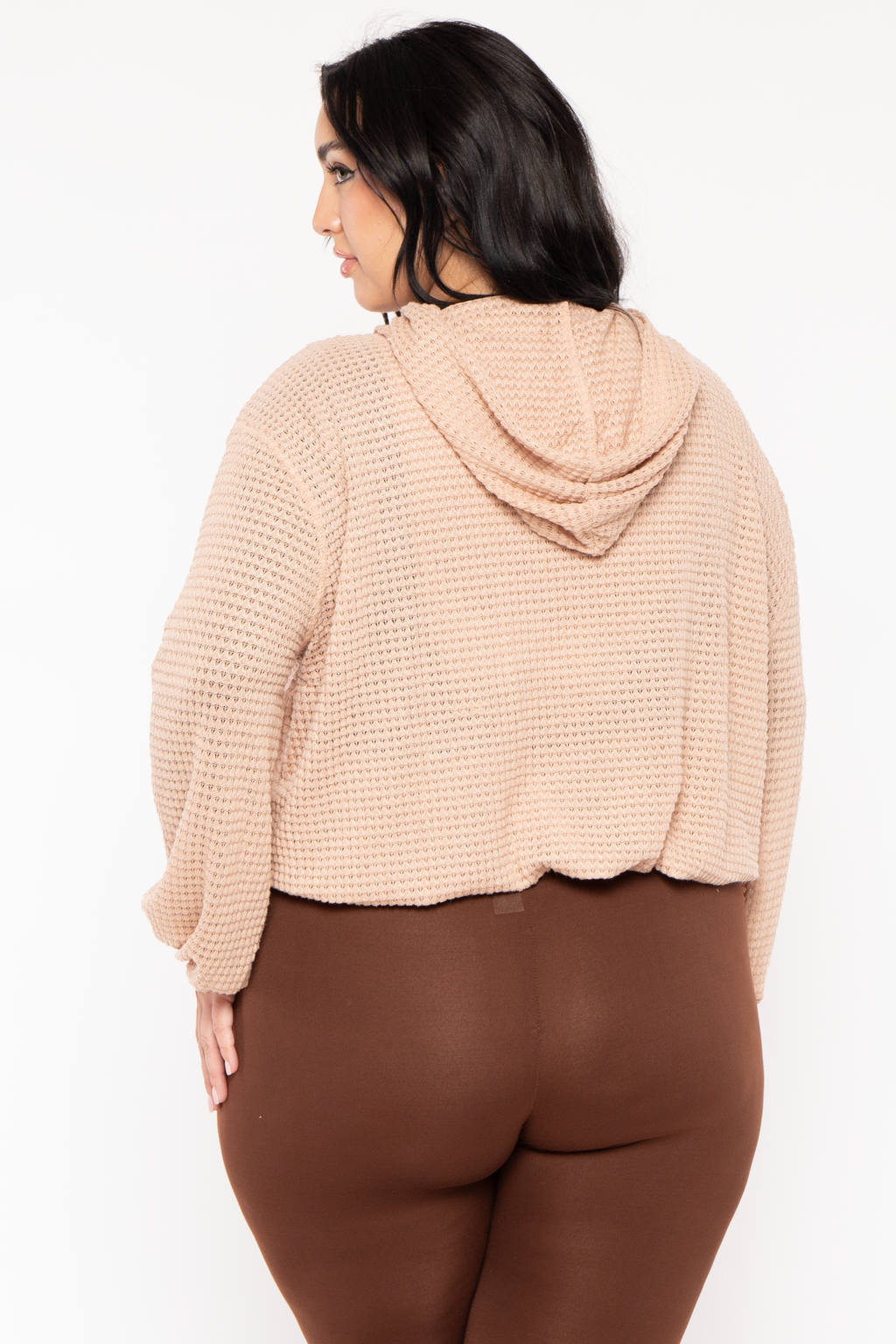 Plus Size Zip Up  Waffle  Hoodie  Top - Taupe