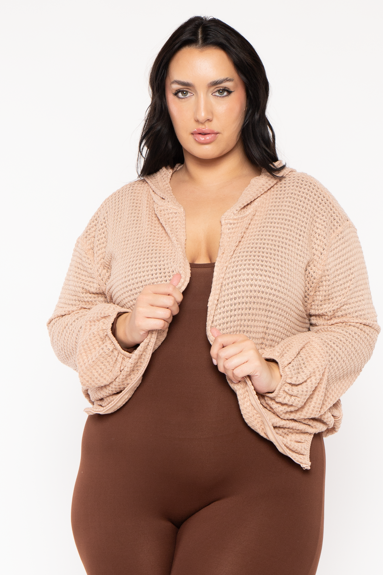 Plus Size Zip Up  Waffle  Hoodie  Top - Taupe